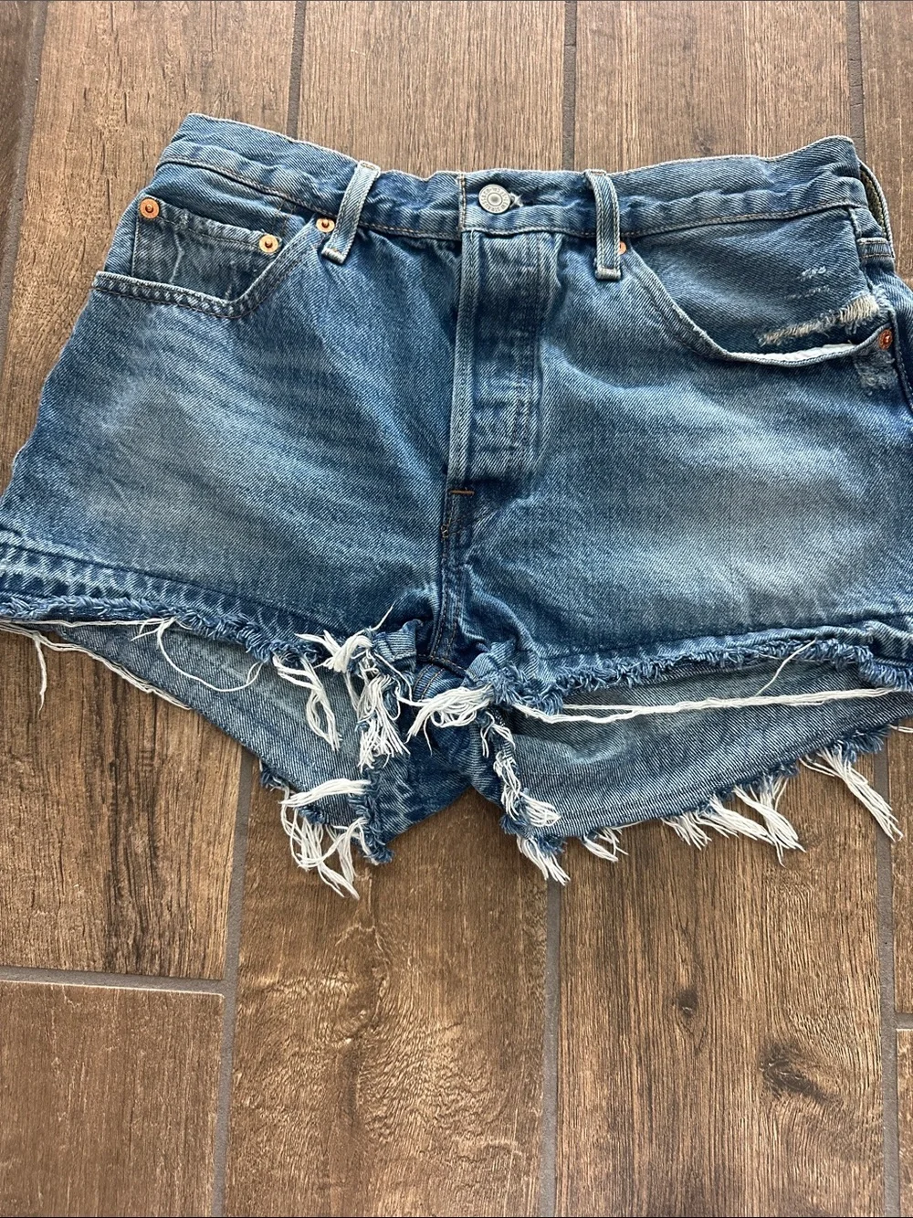 Levi’s button fly Women’s Frayed Hem Denim Shorts - Black, Light Blue, Dark Blue - Picture 7 of 9
